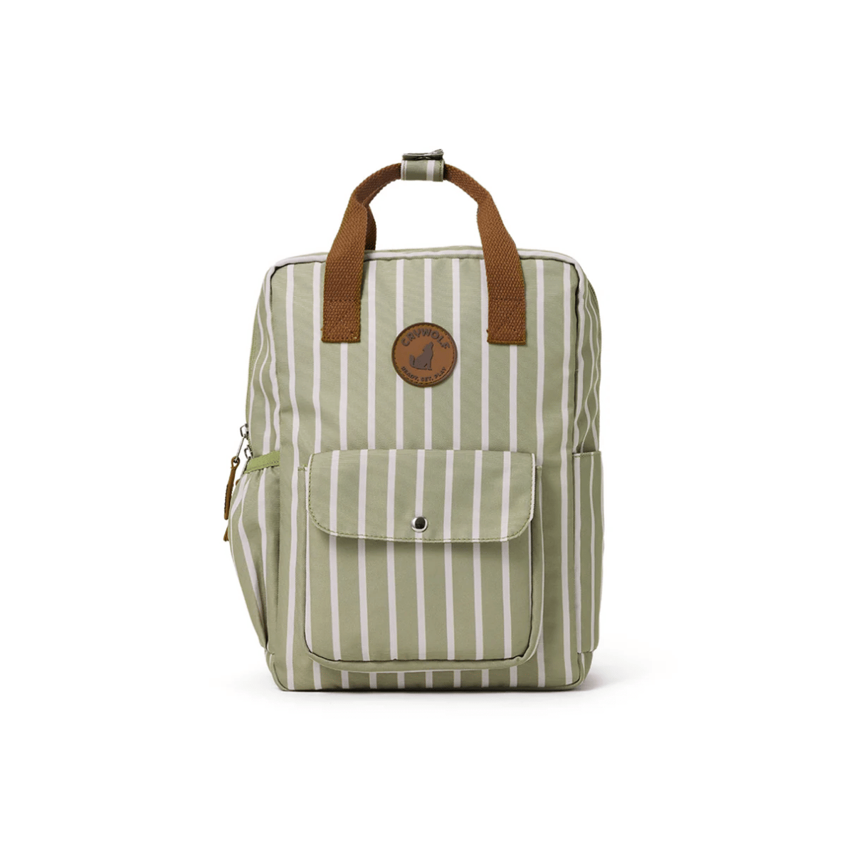 A   backpack in sage green and white vertical stripes with brown leather handles and a brown circular logo patch on the front, shown against a plain white background.