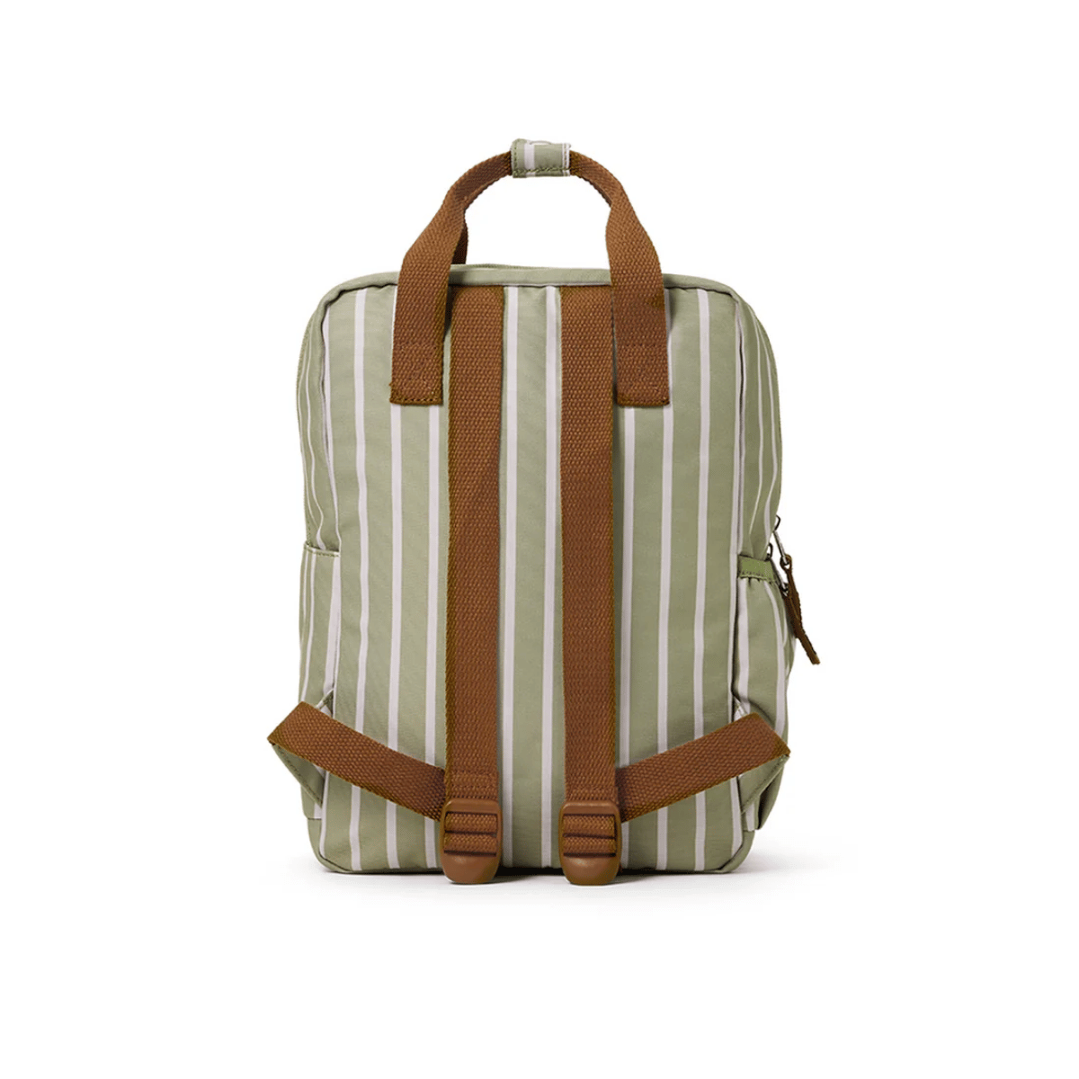 A striped canvas backpack in sage green and cream with brown webbing straps, shown from the back on a white background.