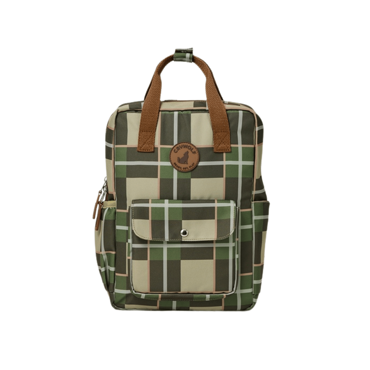 A plaid backpack in shades of green, beige, and brown, featuring brown leather handles and a circular brown leather logo patch on the front pocket.
