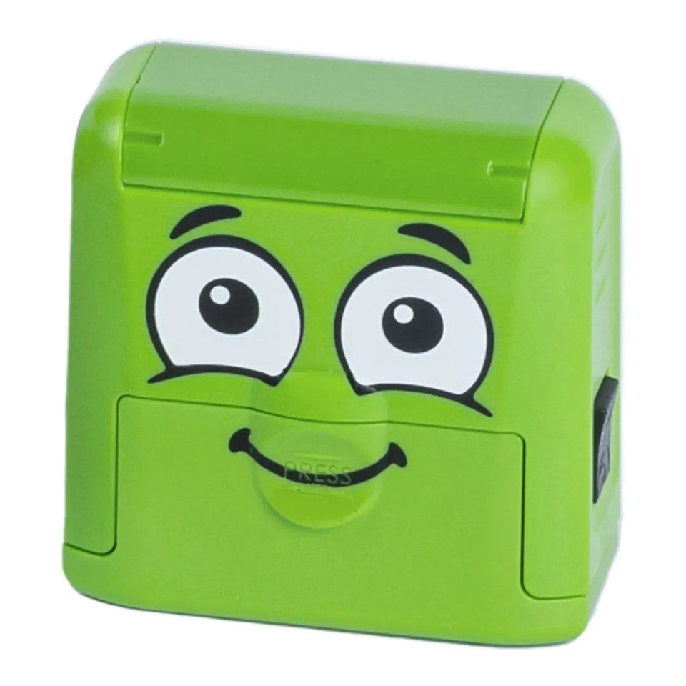 Green Marky rectangular device with cartoon face on a white background