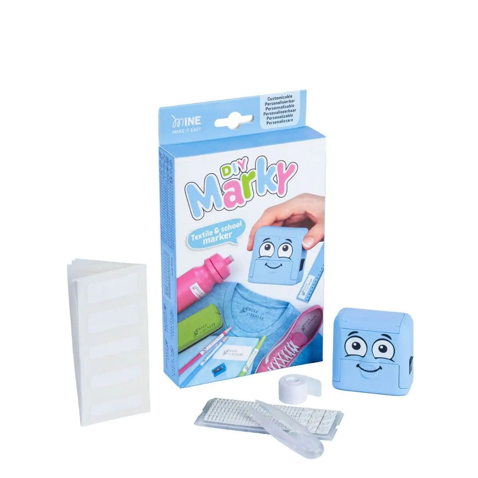 DIY Marky kit packaging with blue mask and accessories on a white background