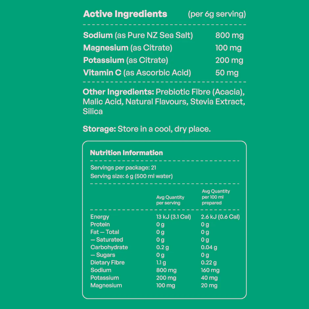 Nutritional information and active ingredients list on a green background