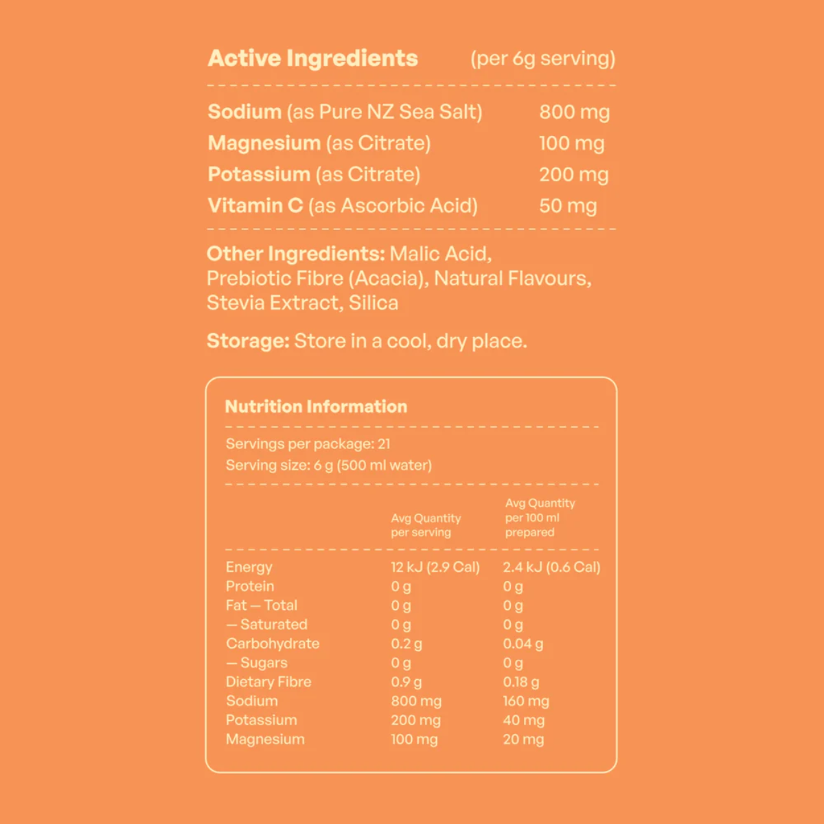 Nutritional information and ingredient list on an orange background