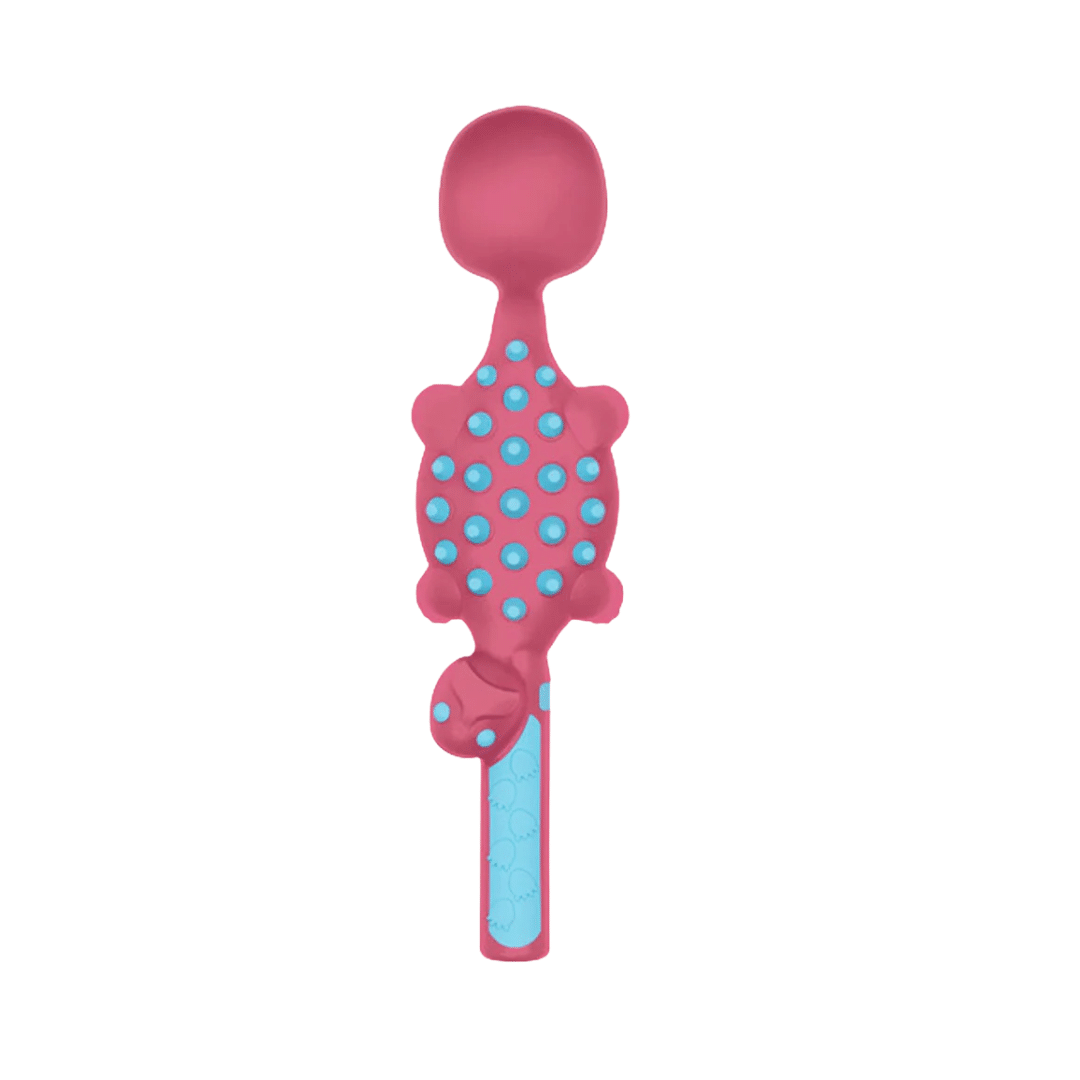 Pink and blue textured spoon shared as dinosaur on a white background