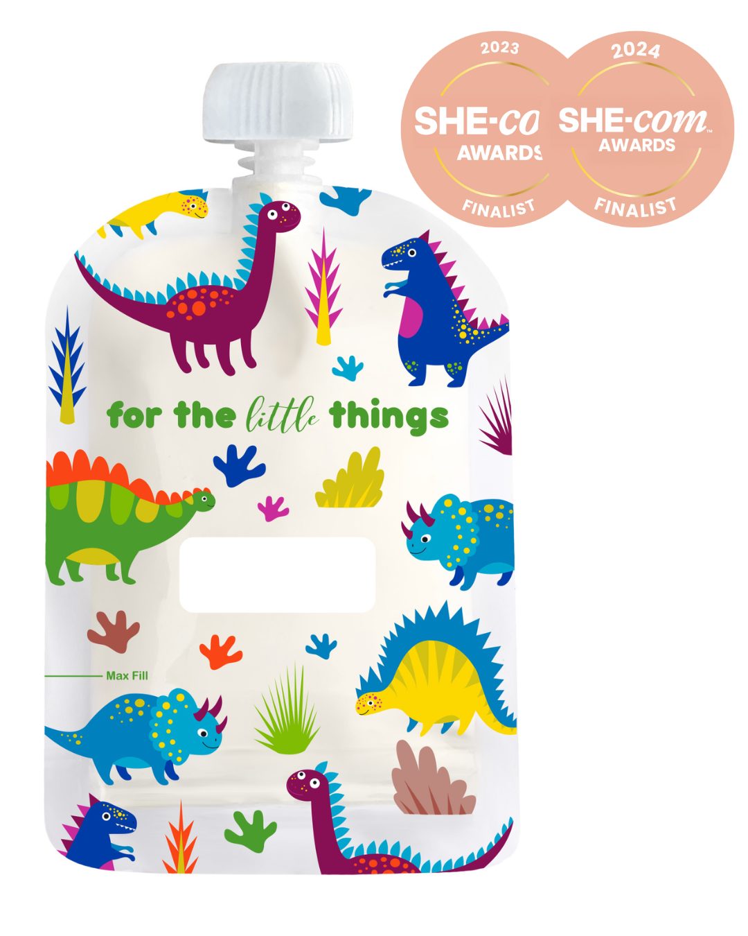 Plastic pouch with dinosaur design and text 'for the little things' on a white background