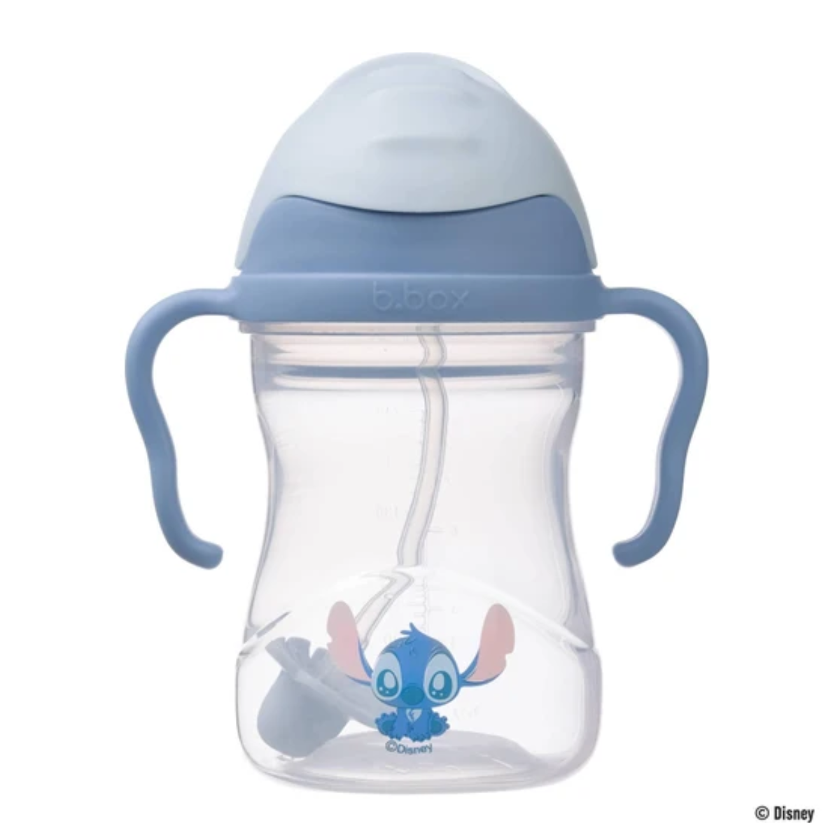 Clear sippy cup with blue handles and top, featuring a Stich cartoon character, on a white background.
