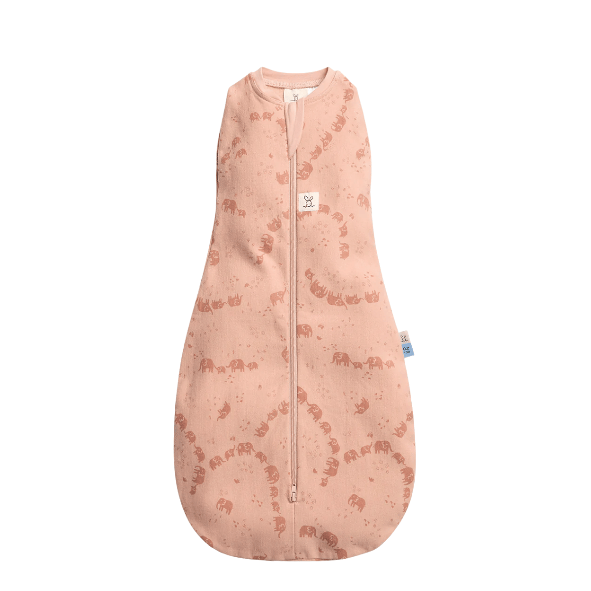 Pink baby sleeping bag with elephant pattern on a white background