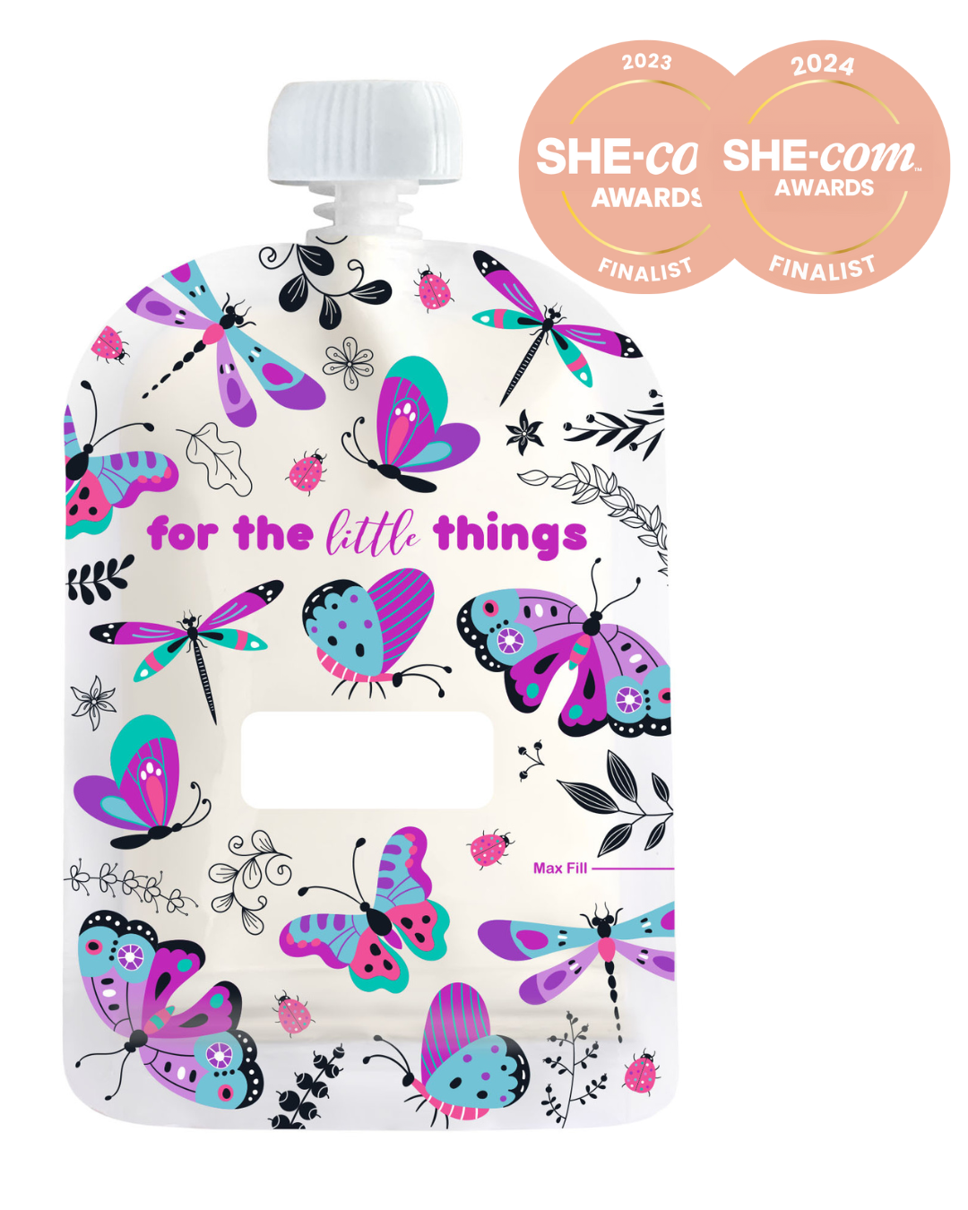 Product packaging with butterfly designs and awards text on a white background