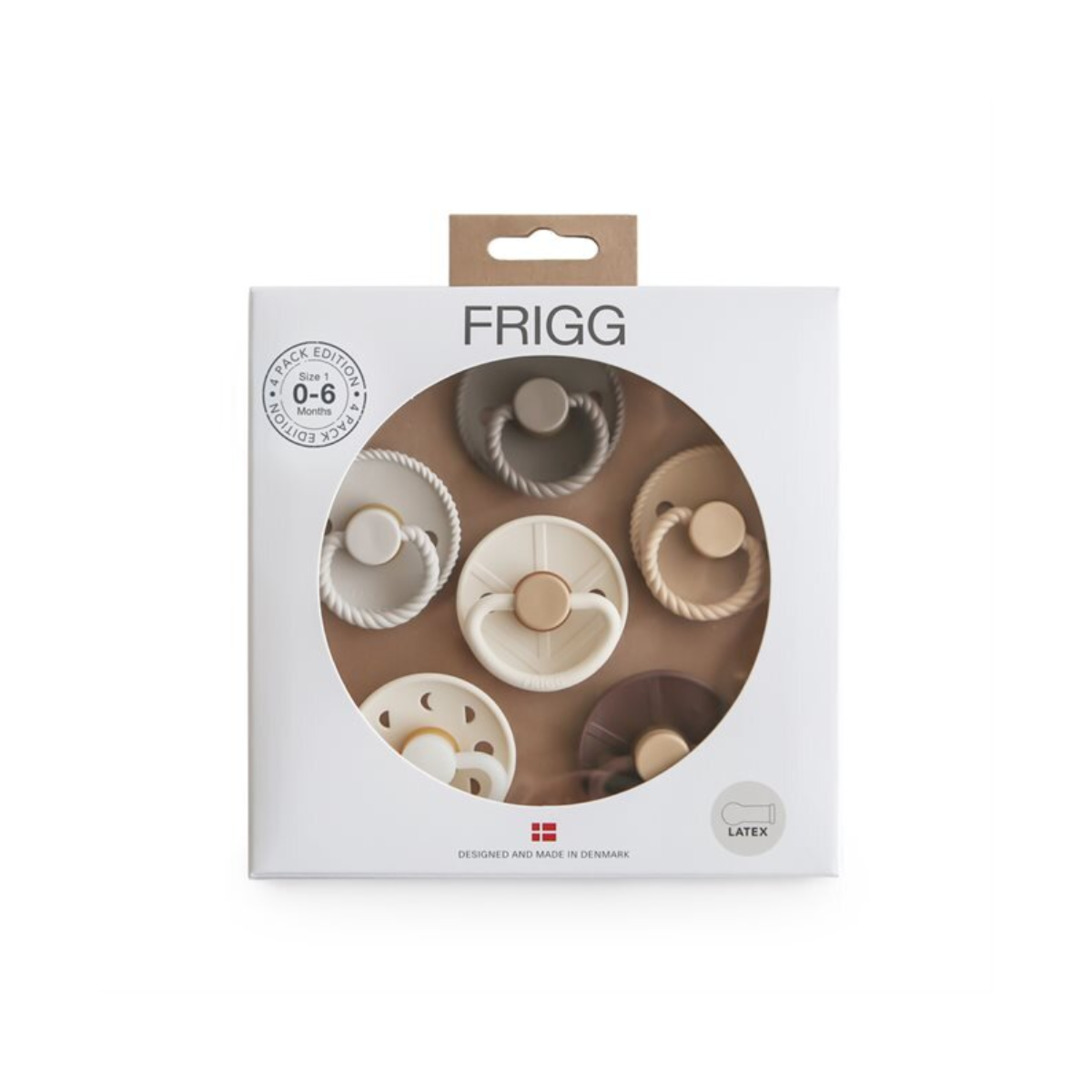 Frigg baby silicone pacifier clip set in a white retail box with a circular window showing the beige, brown, and gray clips inside.