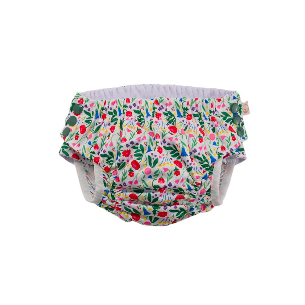 Floral-patterned baby bloomers on a white background