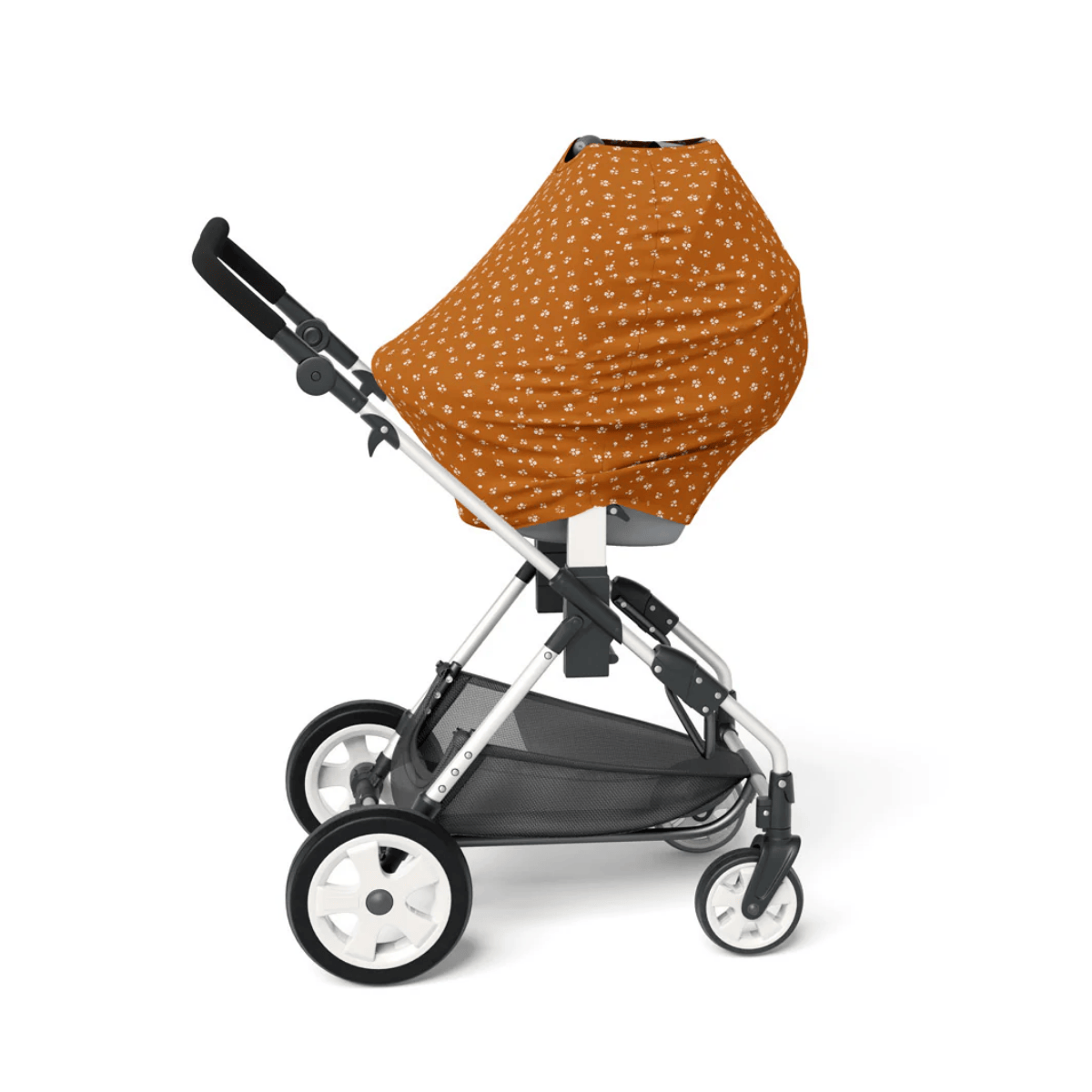 Stroller with a brown patterned cover on a white background