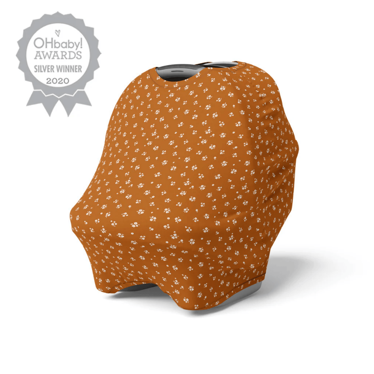 Orange car seat cover with white floral pattern on a white background, featuring OHbaby! Awards silver winner badge.