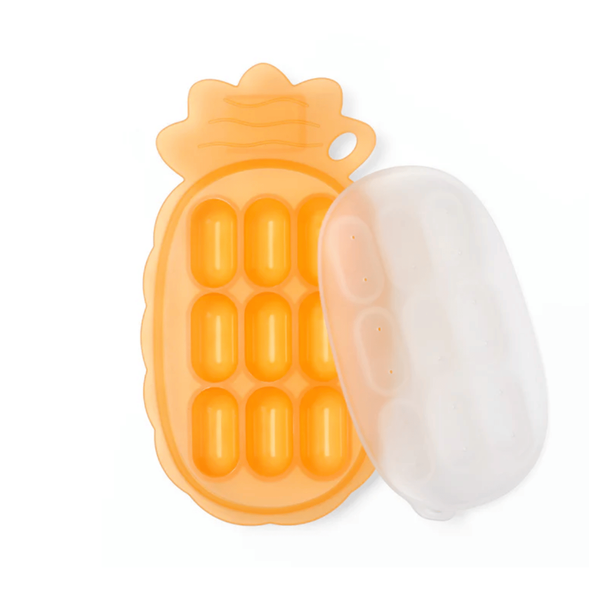 Pineapple-shaped food cube tray with a white lid on a white background