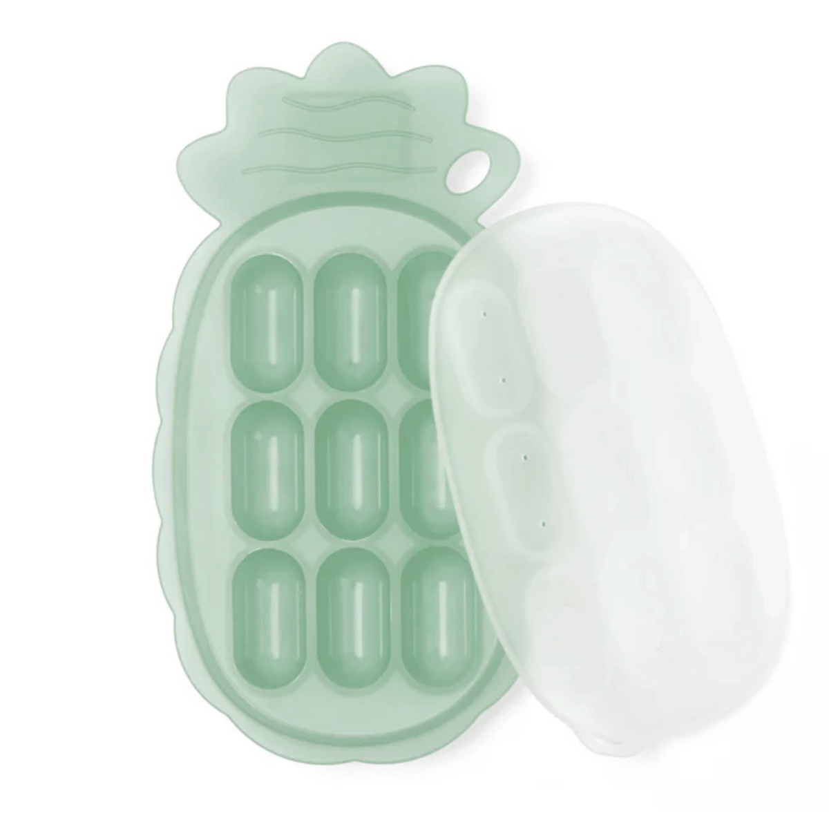 Mint green pineapple-shaped food cube tray with a clear lid on a white background