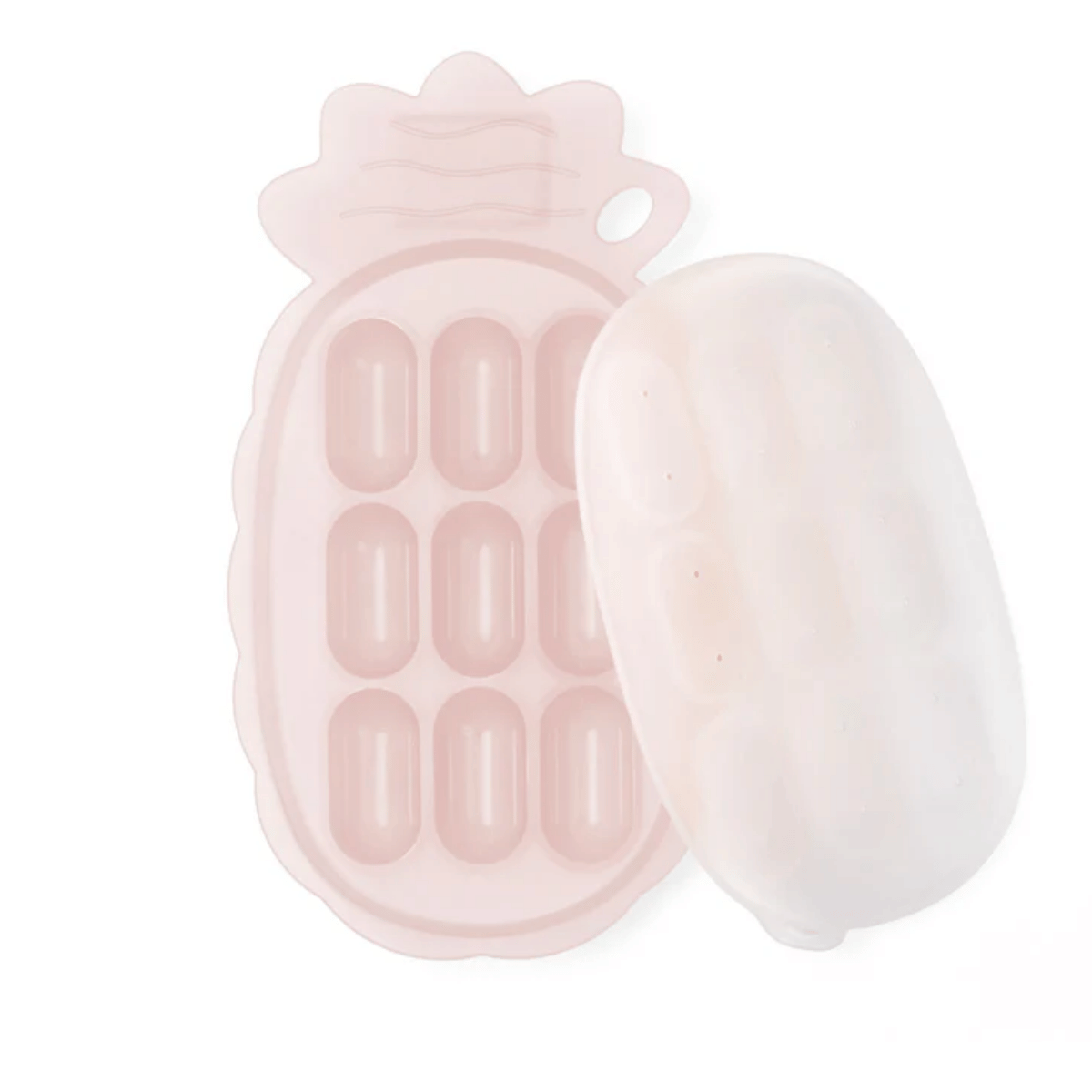 Pink silicone food cube tray with a lid on a white background
