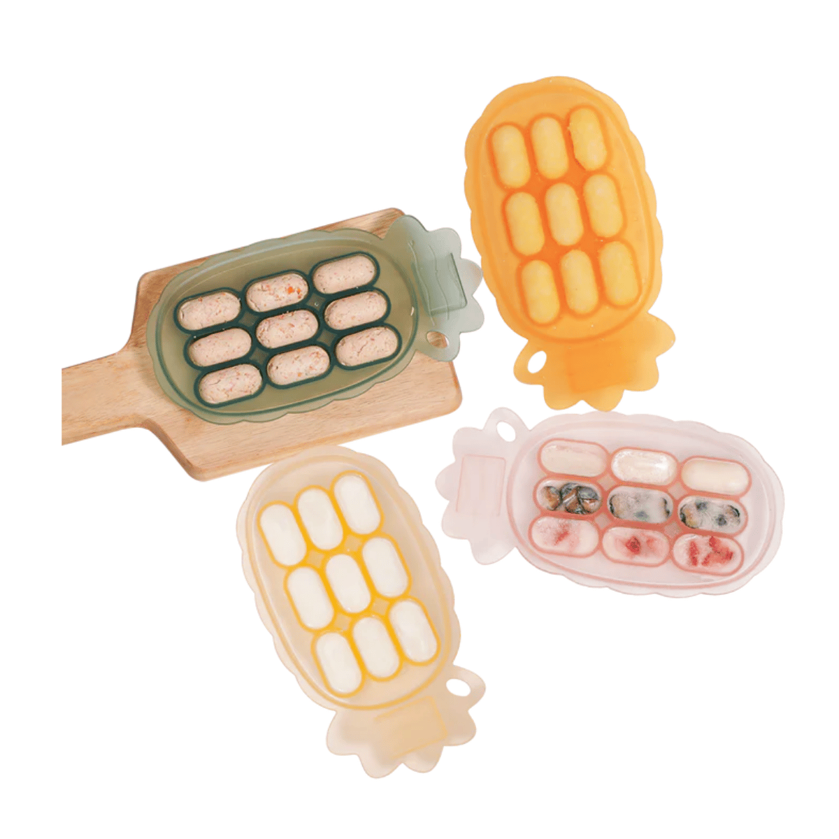 Set of four small kitchen-themed items on a white background