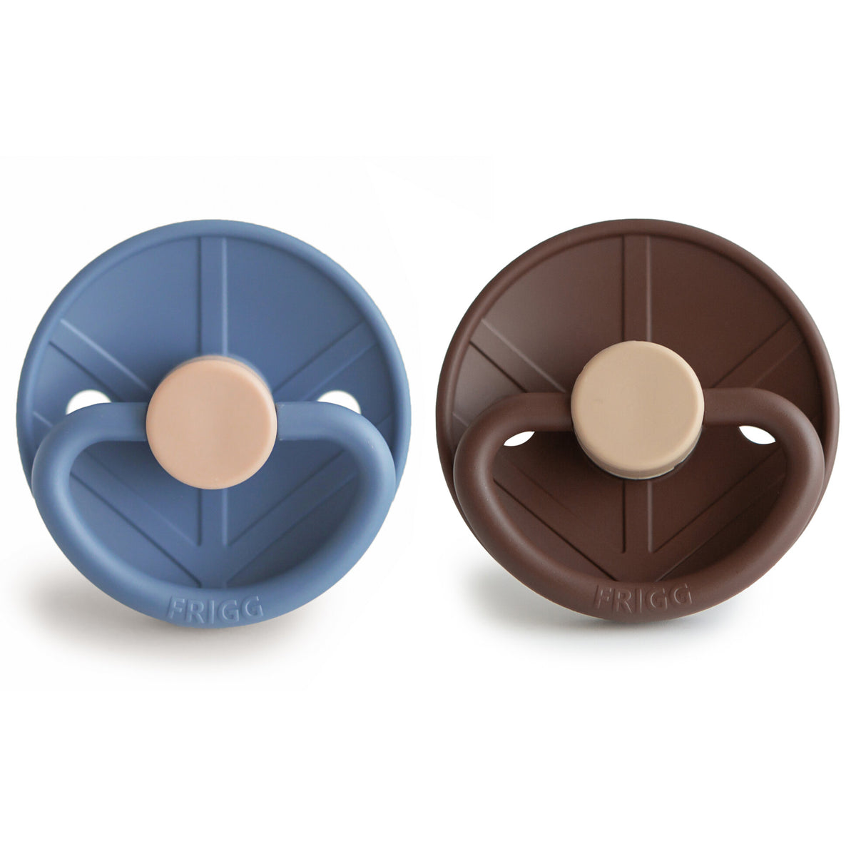 Two baby pacifiers, one blue and one brown, on a white background. Frigg is a Swedish Brand