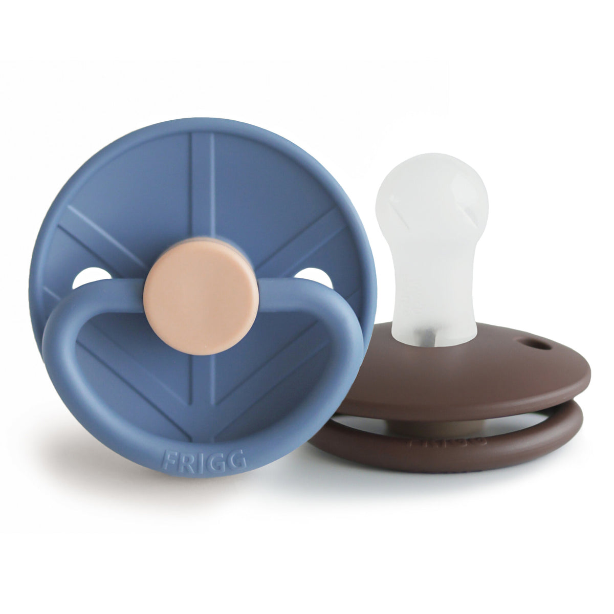 Two baby pacifiers, one blue and beige, the other brown, on a white background.