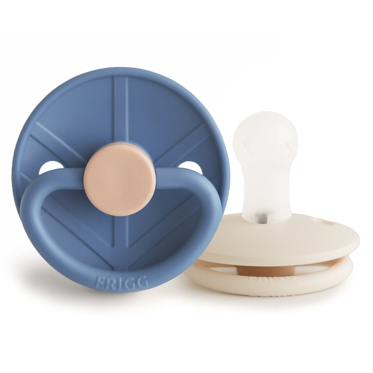 Blue and beige pacifier with 'Frigg' branding on a white background