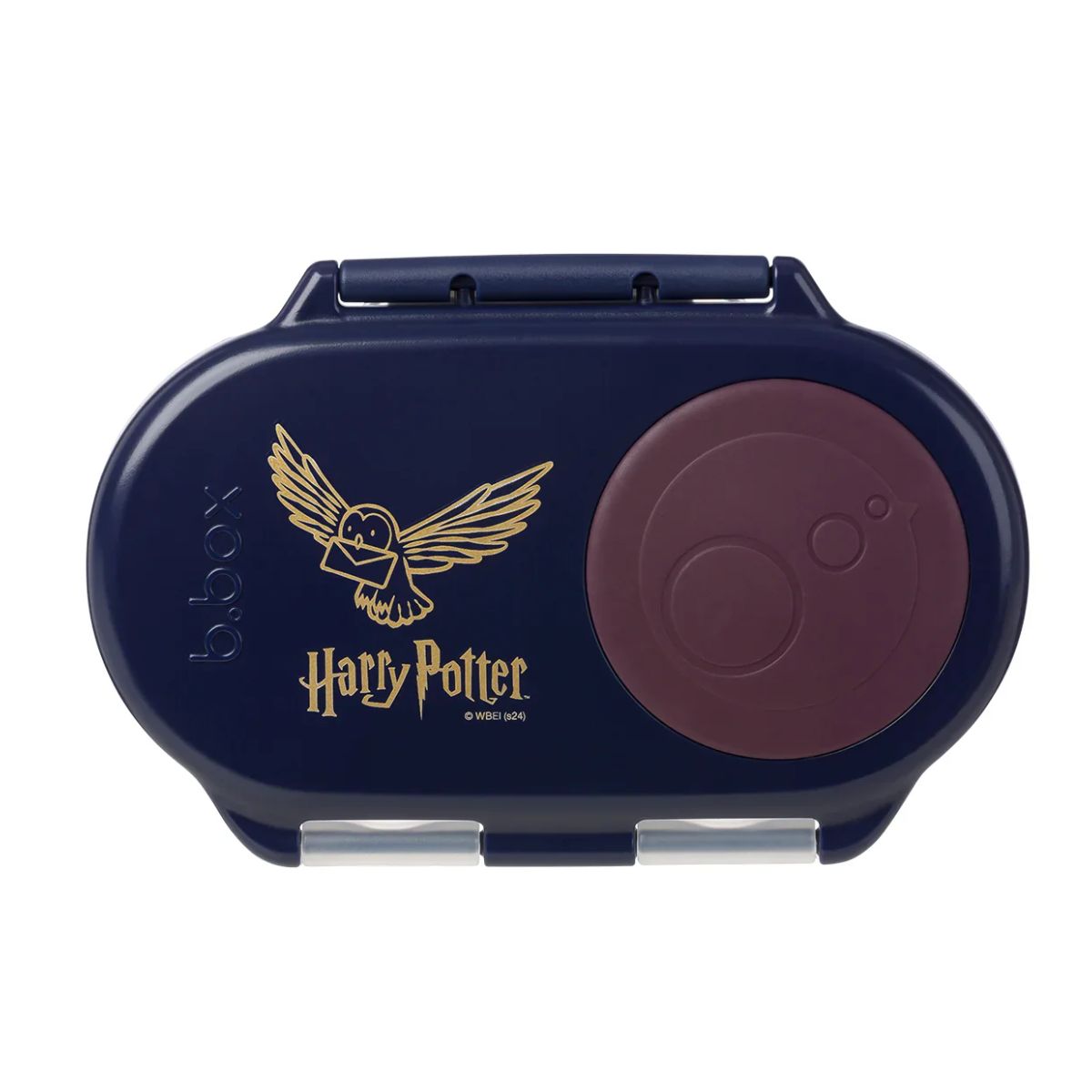 Navy blue container with Harry Potter logo and maroon lid on a white background