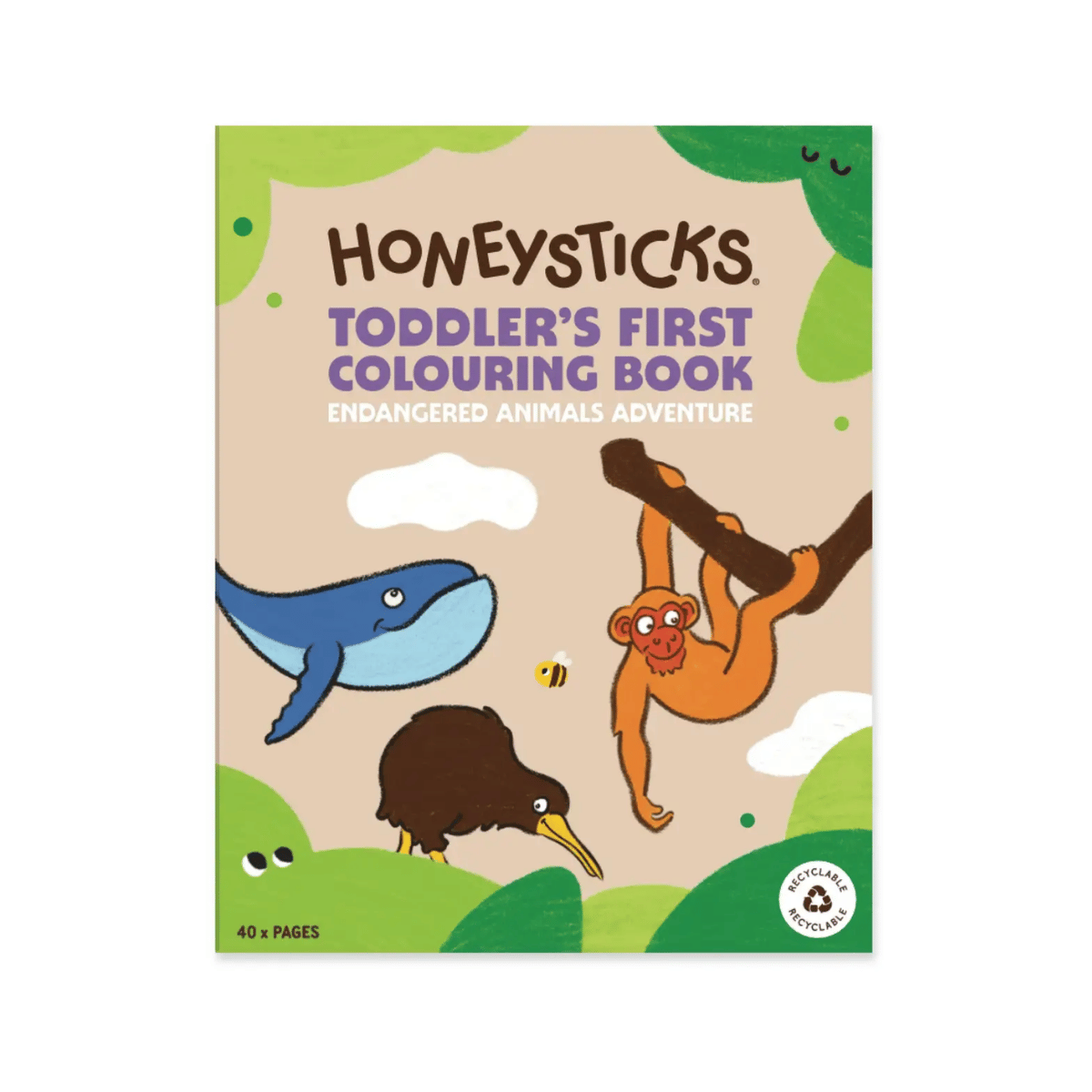 Honeysticks Toddler's First Colouring Book cover, featuring cartoon animals including a blue whale, brown kiwi, orange monkey, and yellow bee on a beige background with green hills.