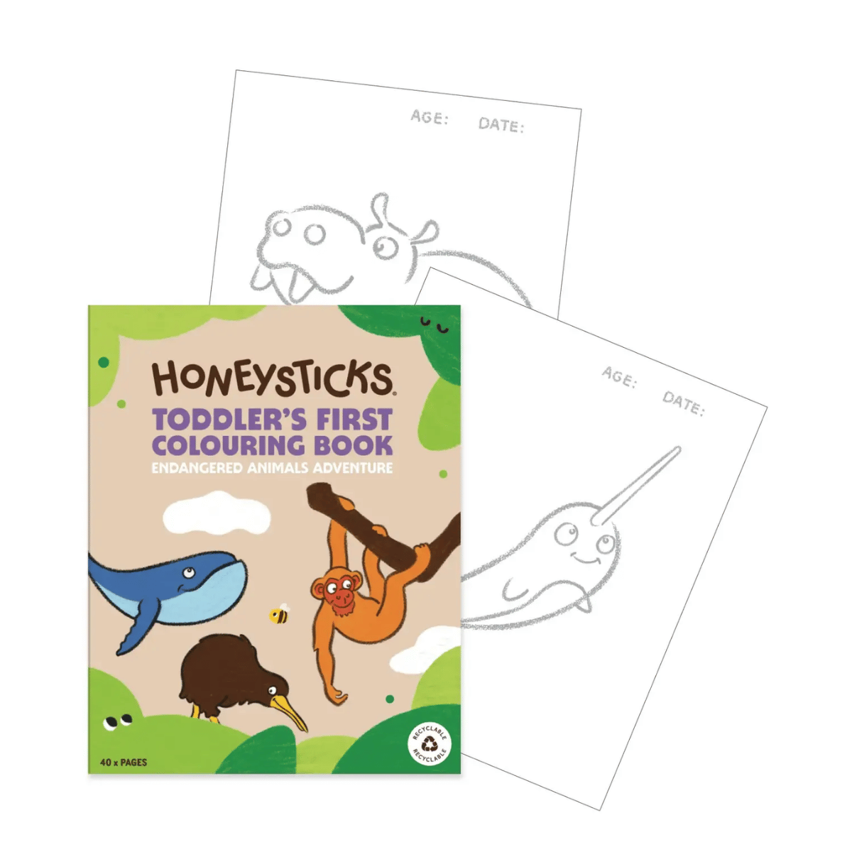 Toddler's First Colouring Book by Honeysticks, featuring a colorful cover with cartoon animals and two white coloring pages with animal sketches behind it, on a plain white background.
