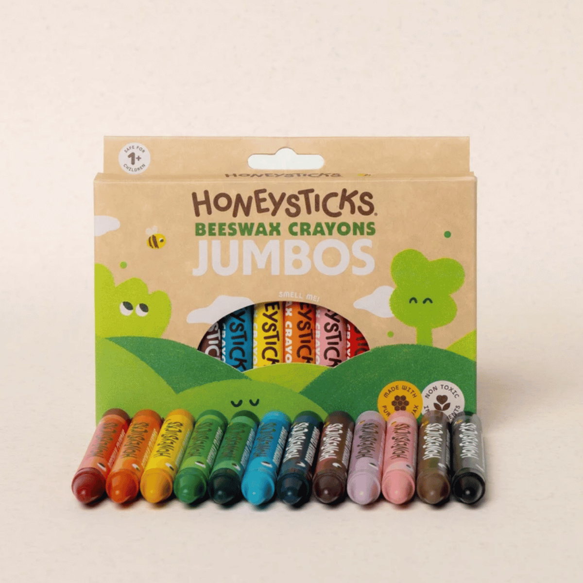 Packaging of Honeysticks Beeswax Crayons Jumbos with crayon illustrations on a beige background