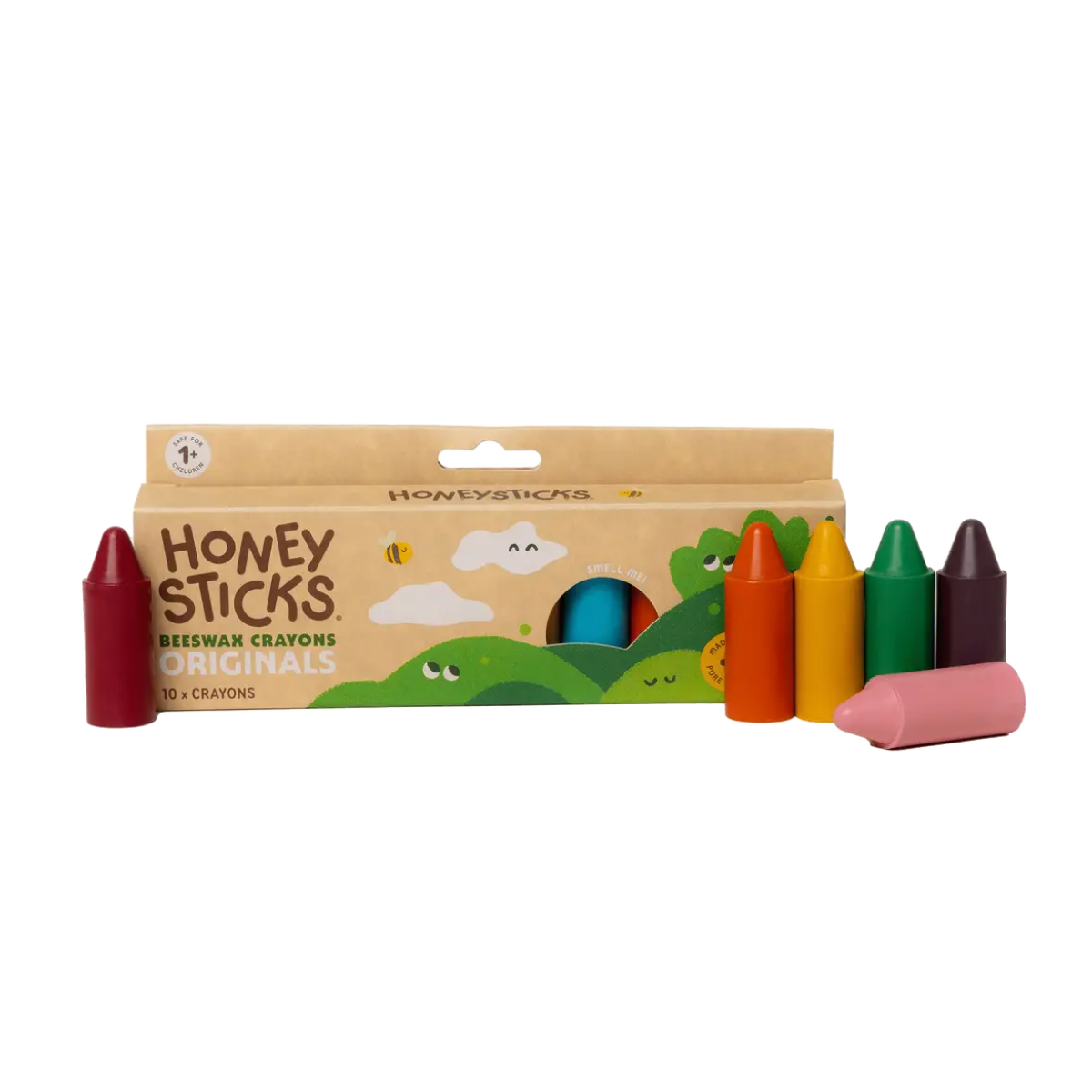 Pack of Honey Sticks beeswax crayons with colorful crayons on a white background