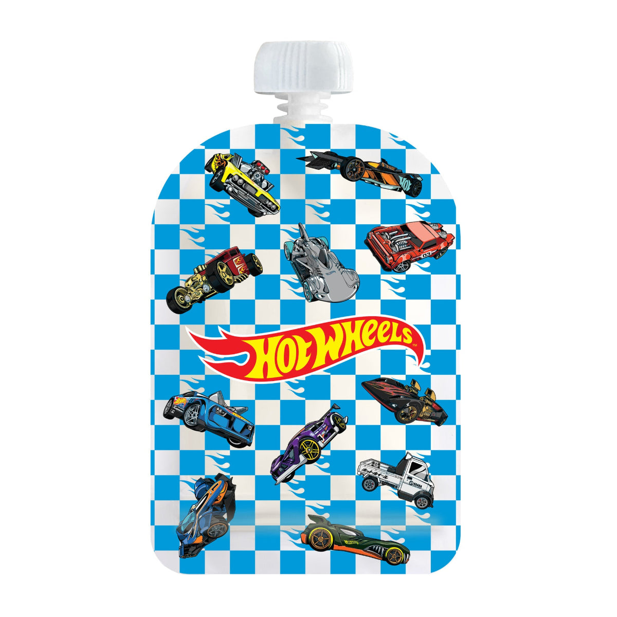 Hot Wheels-themed children&#39;s snack pouch with checkered pattern and car illustrations on a white background