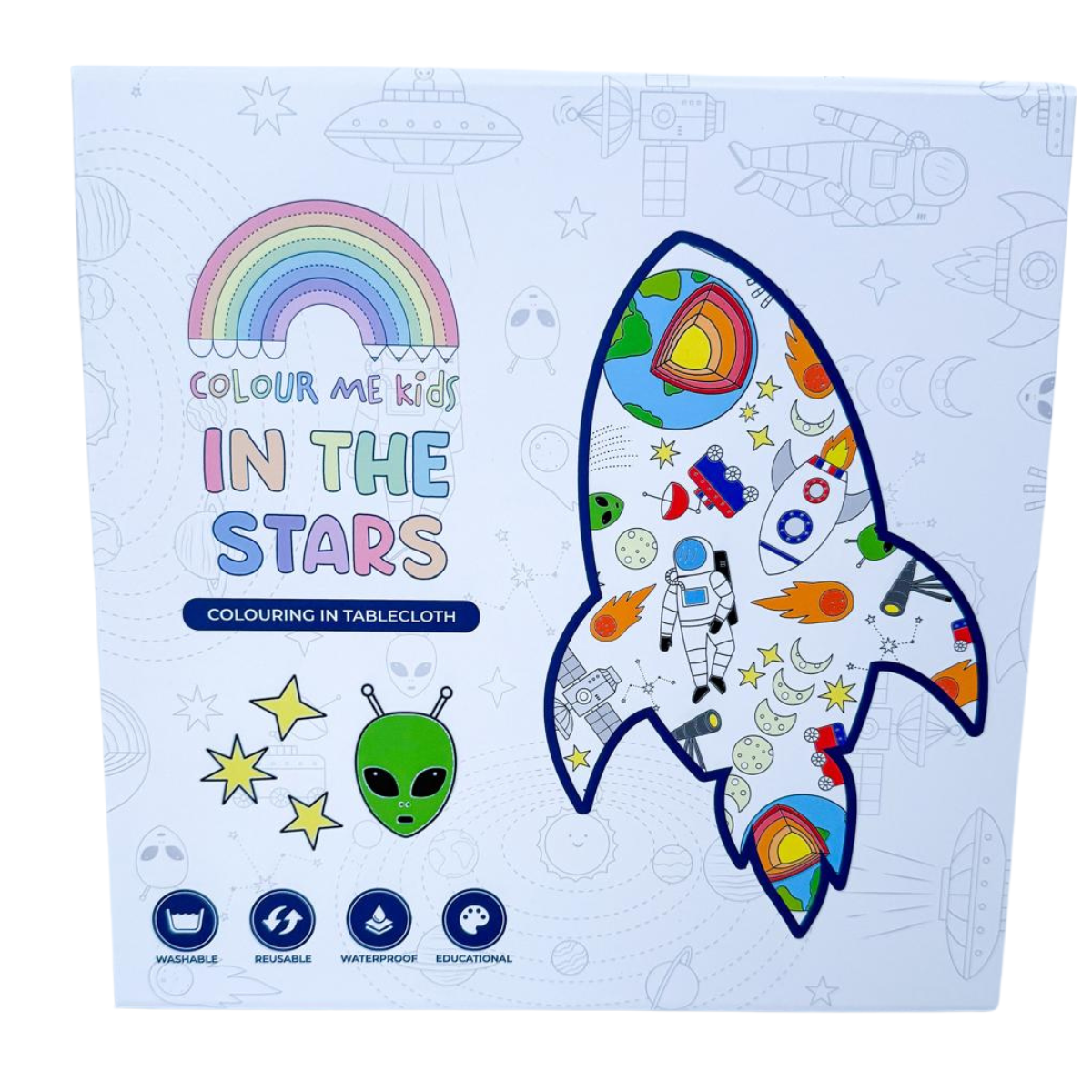 Colour Me Kids &#39;In the Stars&#39; colouring in tablecloth with rocket design on a light blue background.