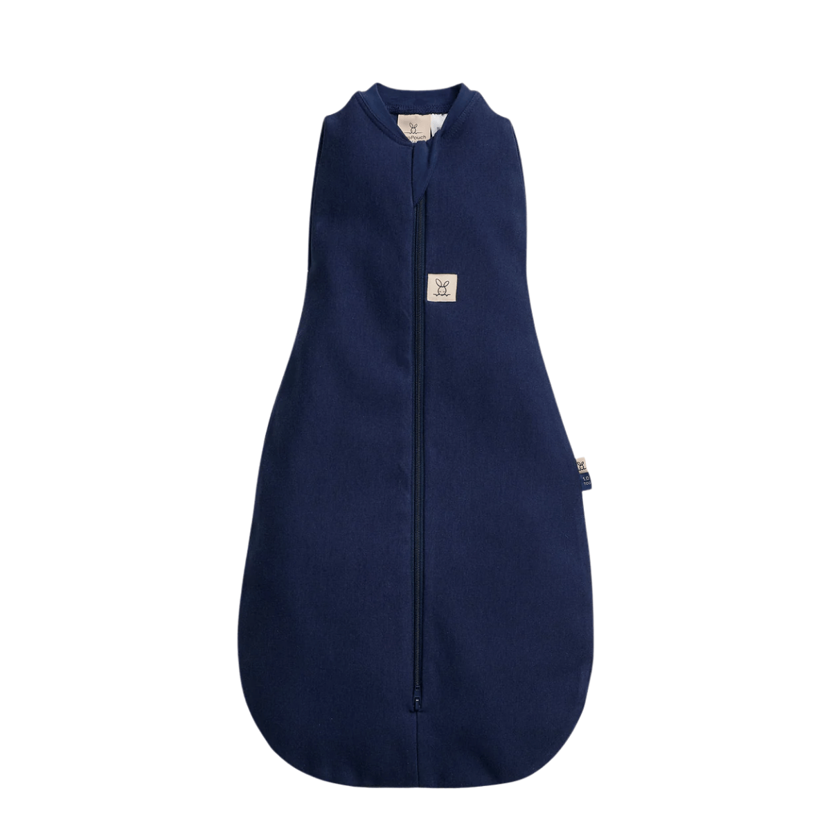 Navy blue baby sleeping bag with a zipper on a white background