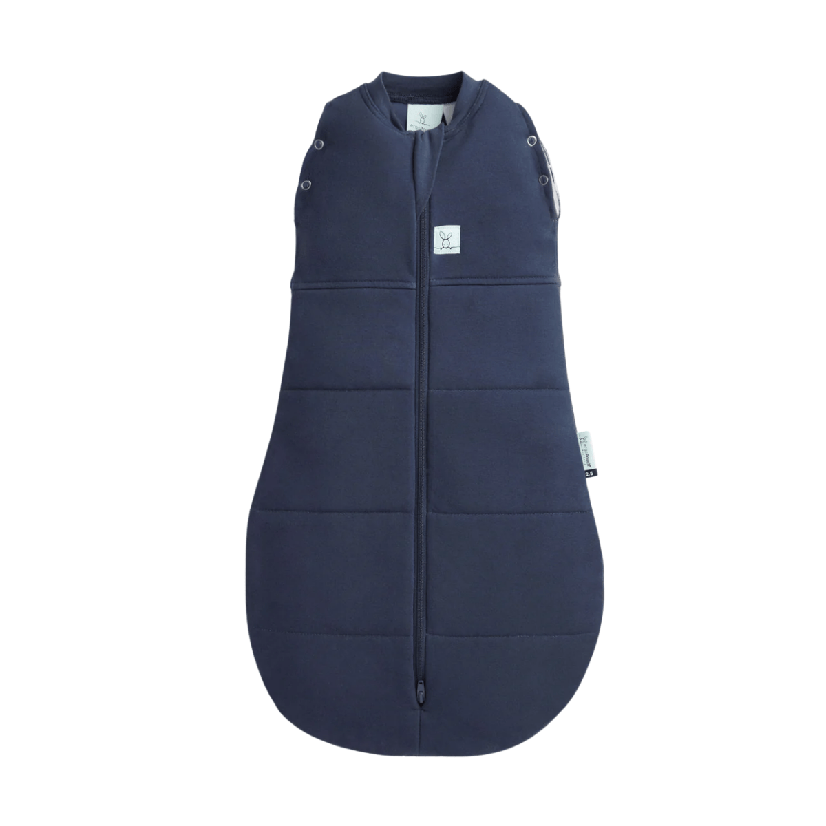Navy blue baby sleeping bag with a white label on a white background