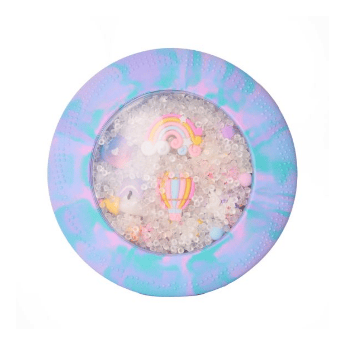 Round decorative item with pastel colors and small figurines on a white background