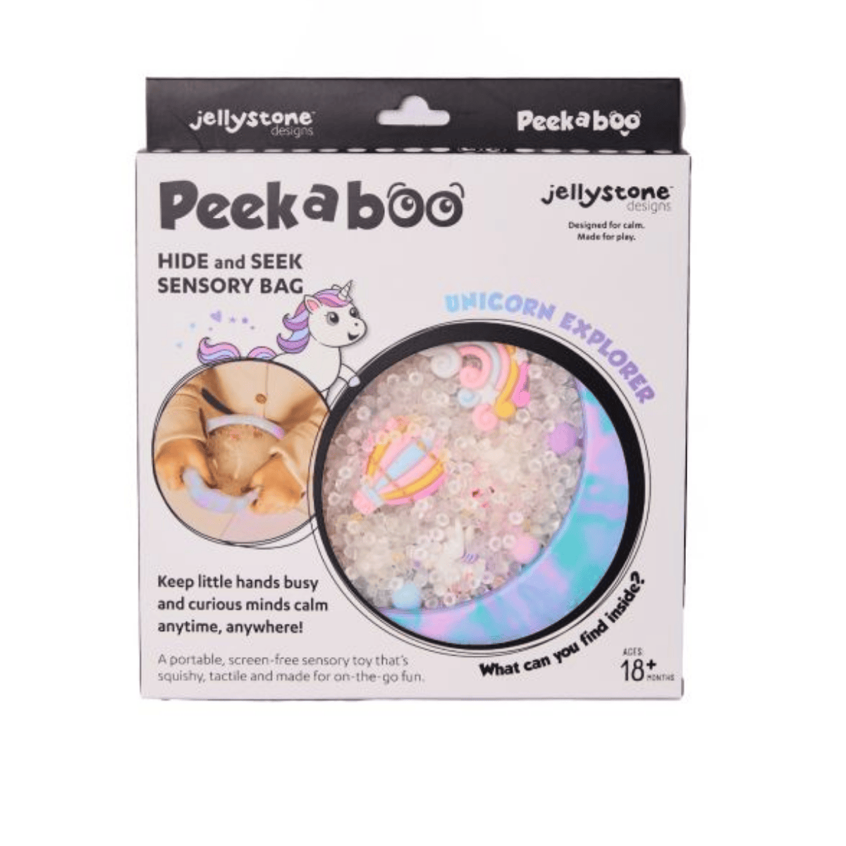 Package of Jellystone Peekaboo Hide and Seek Sensory Bag with unicorn design on a white background