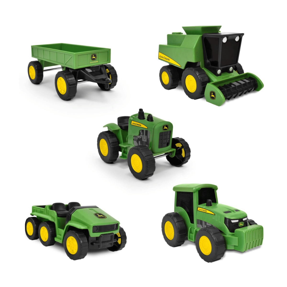 Set of green toy farm vehicles including a tractor, trailer, and combine harvester on a white background.