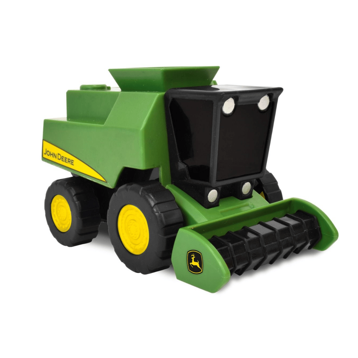 Toy combine harvester with John Deere logo on a white background
