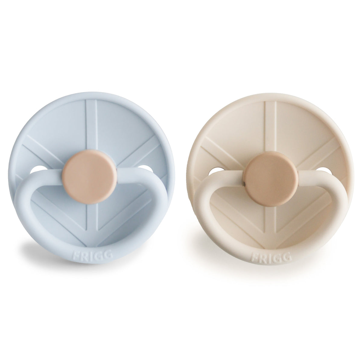 Two silicone pacifiers, one blue and one beige, on a white background