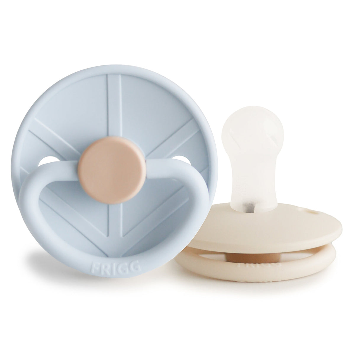 Two baby pacifiers, one blue and beige, the other white and beige, on a white background.