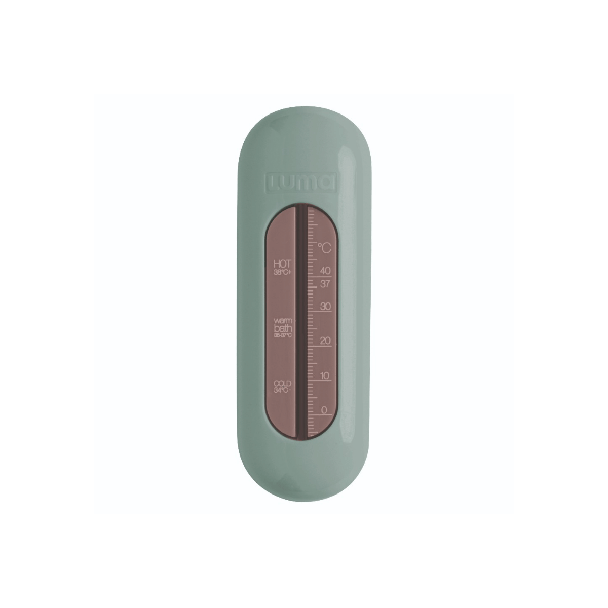 A LUMA bath thermometer with a sage green outer casing and a central brown glass window showing the temperature scale.