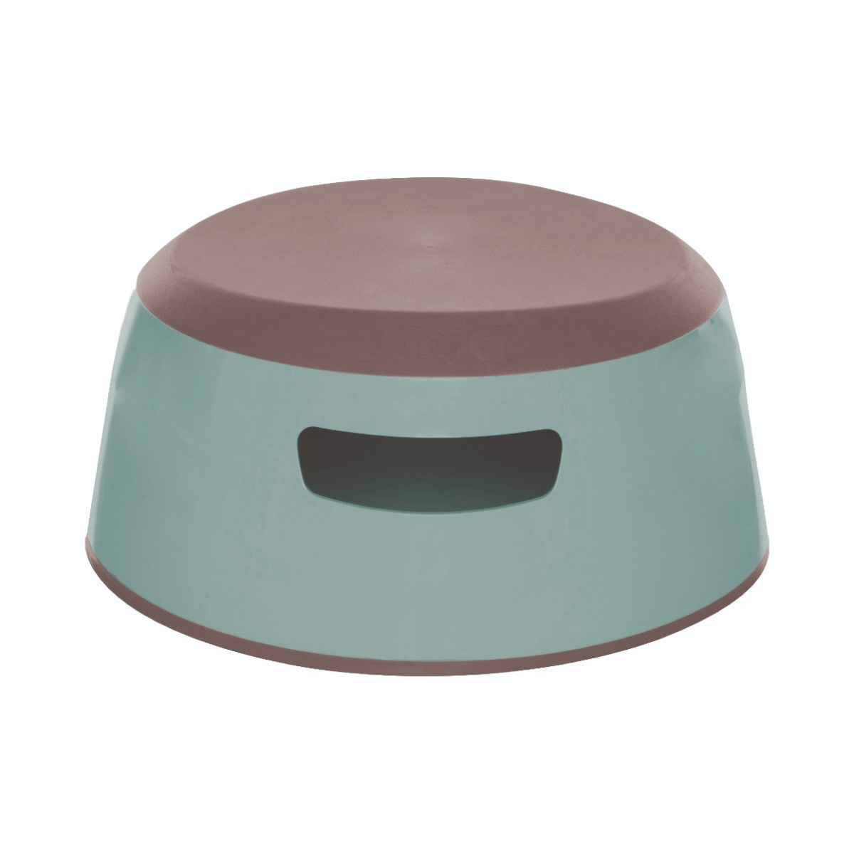 A two-tone plastic step stool with a dusty teal-green body and a brown top platform, shown on a plain white background.