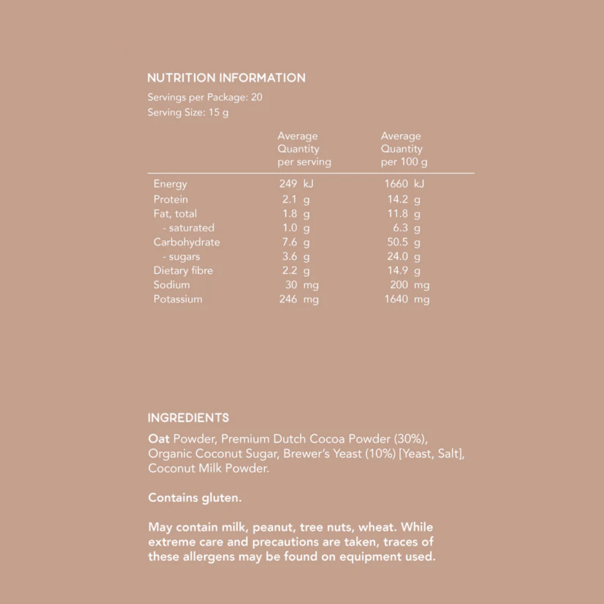 Nutrition information and ingredients list on a brown background