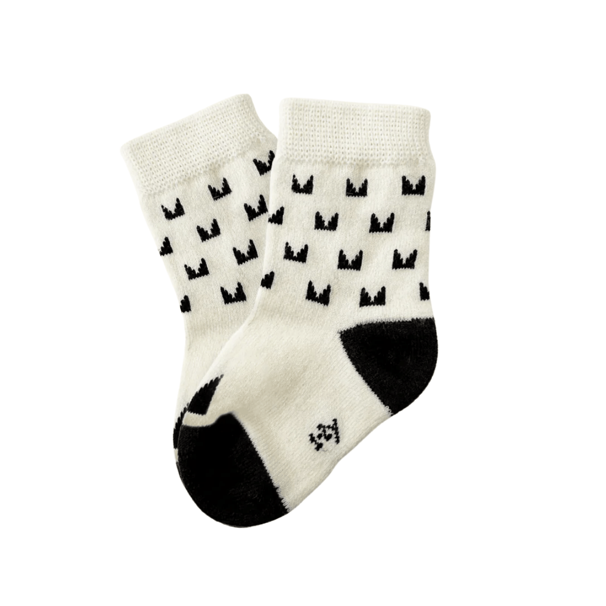 Pair of white socks with black cat pattern on a white background