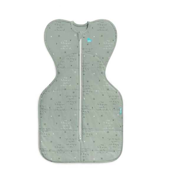 Olive baby sleeping bag with text pattern on a white background