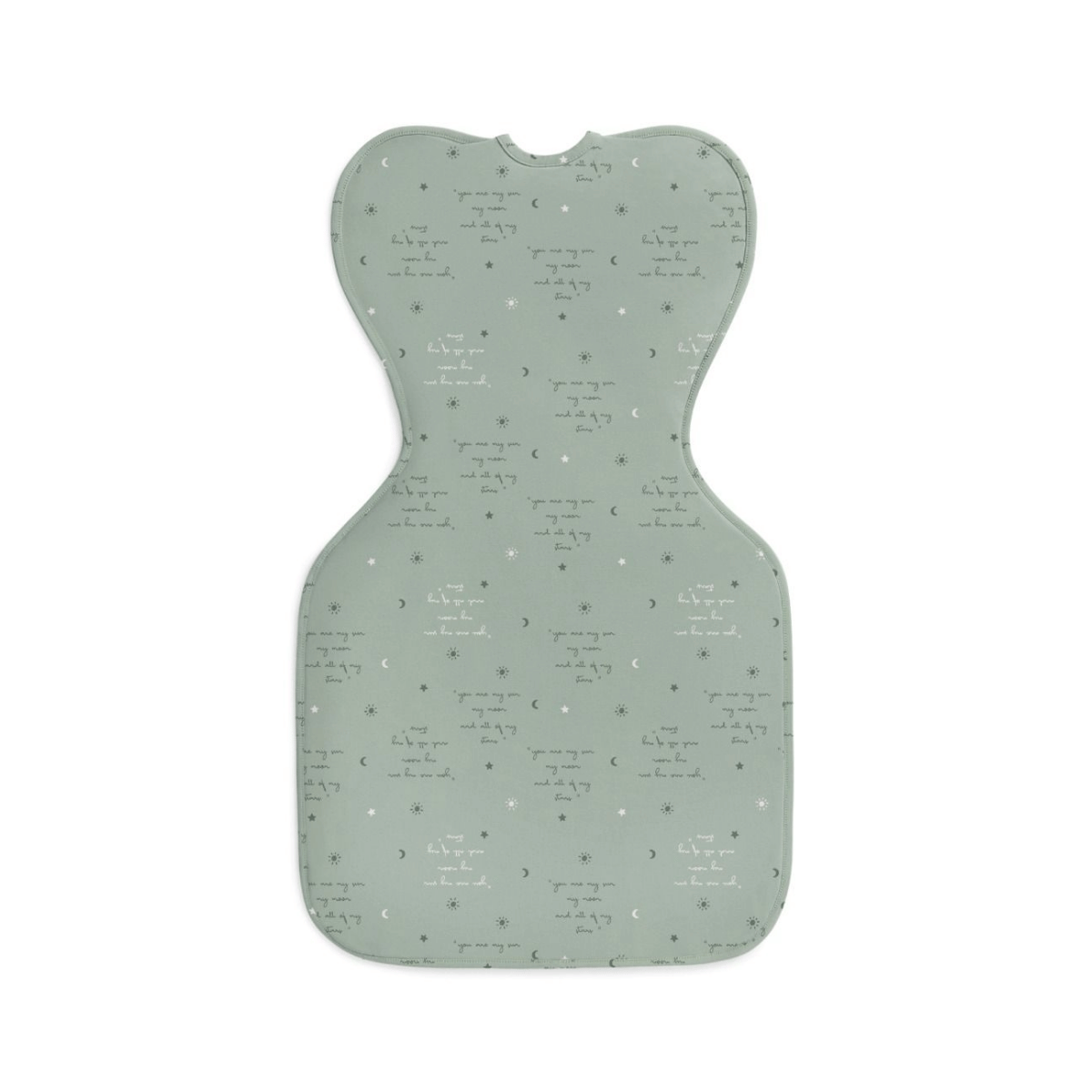 Green baby sleep swaddle with star pattern on a white background