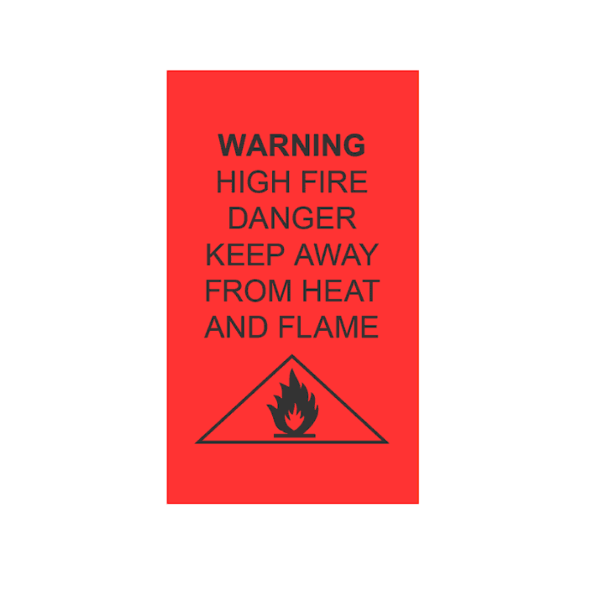 Red warning sign with black text and flame symbol on a white background