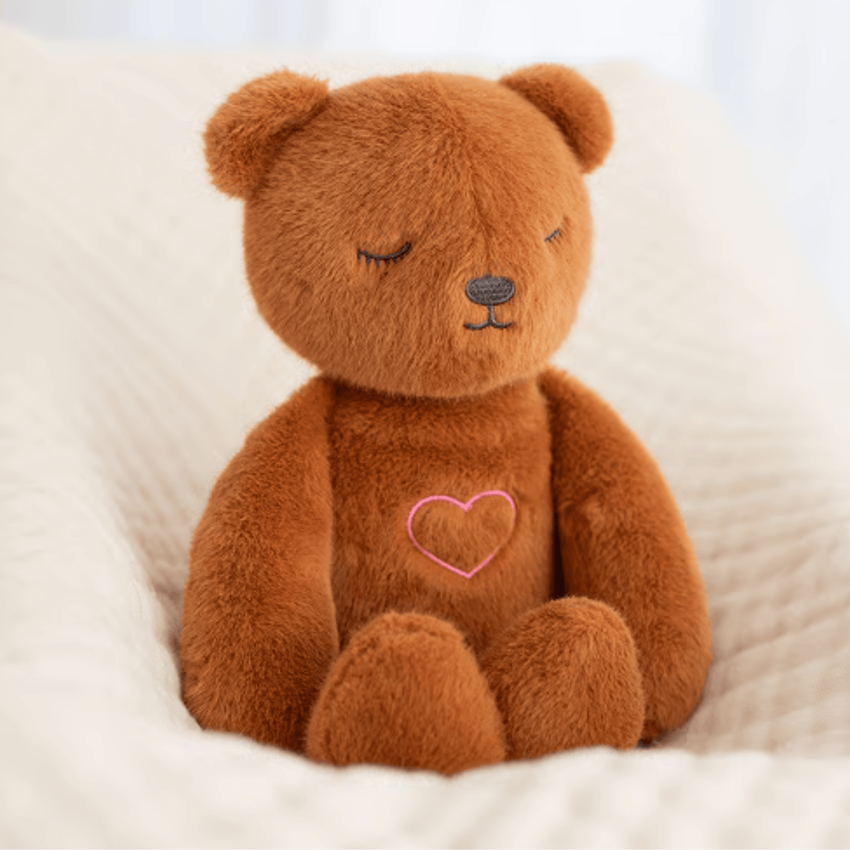 Brown teddy bear with a pink heart on a white background
