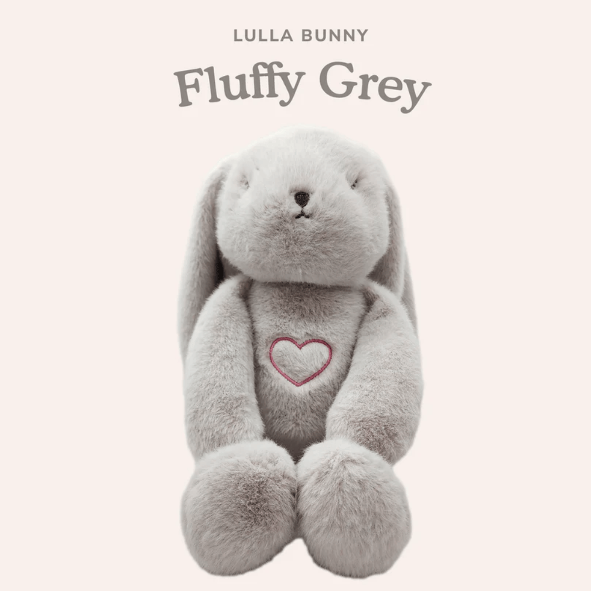 Fluffy grey plush bunny with a heart on a white background, branded as Lulla Bunny.