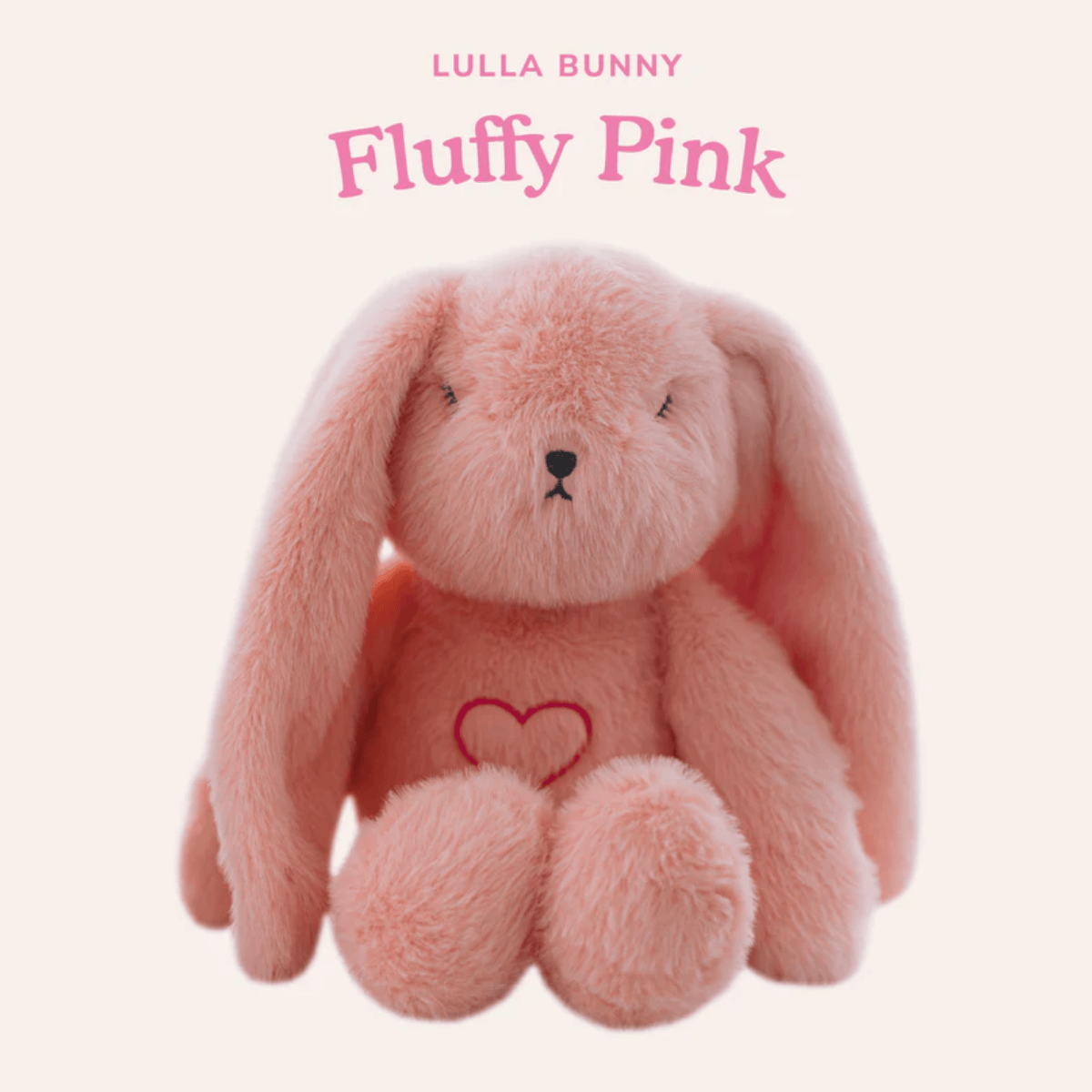 Pink stuffed bunny with a heart on a white background, branded 'Lulla Bunny'.