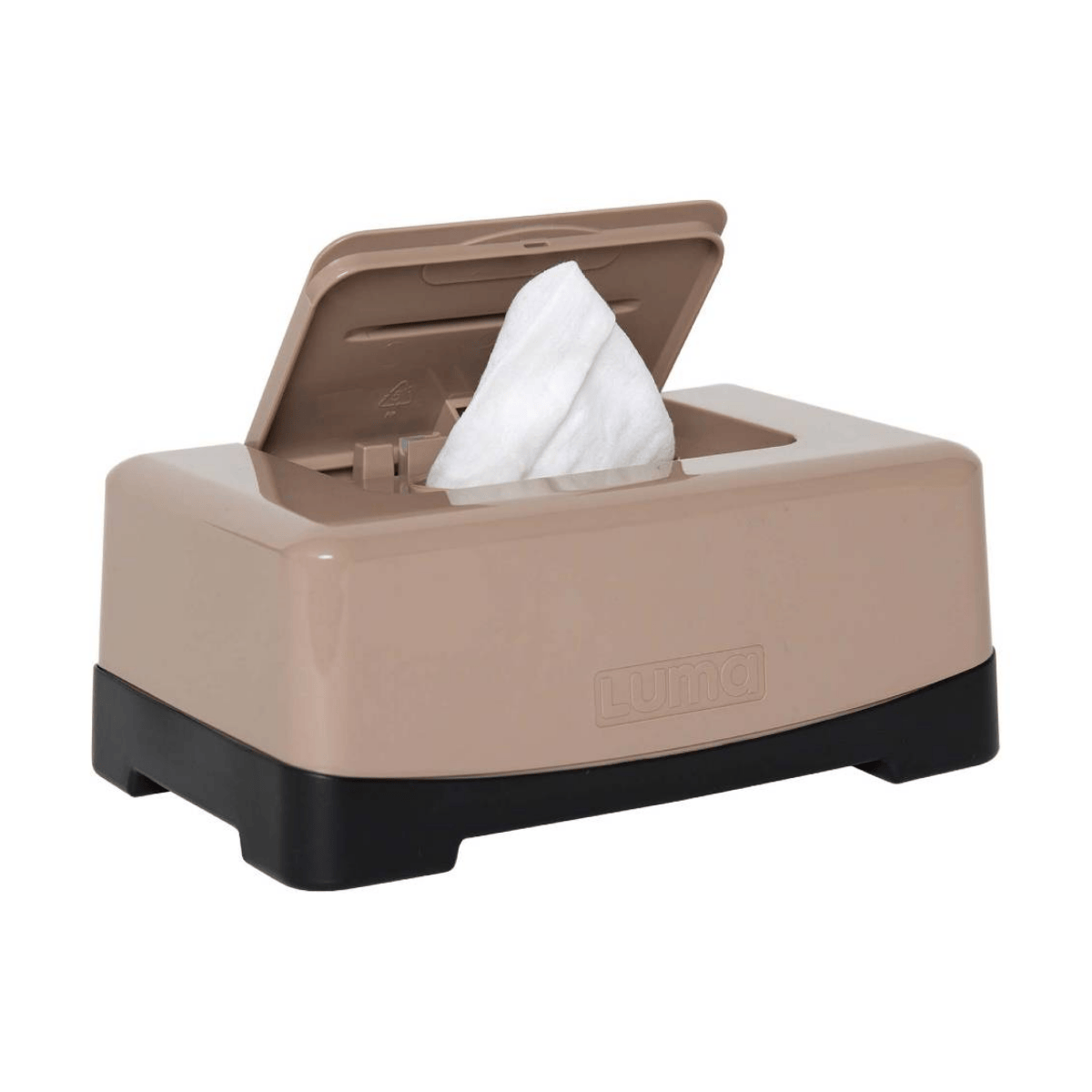 Beige tissue box with open lid showing white tissues on a white background