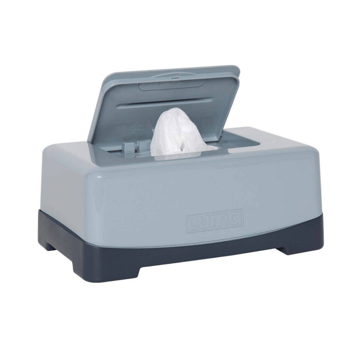 Gray and black tissue box with open lid on a white background
